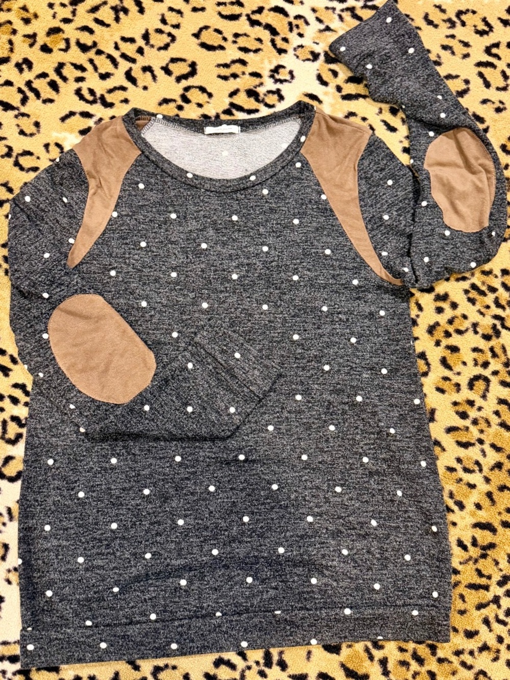 12PM by Mon Ami Polka Dot Elbow Patch Lightweight Sweater Top Gray Large L